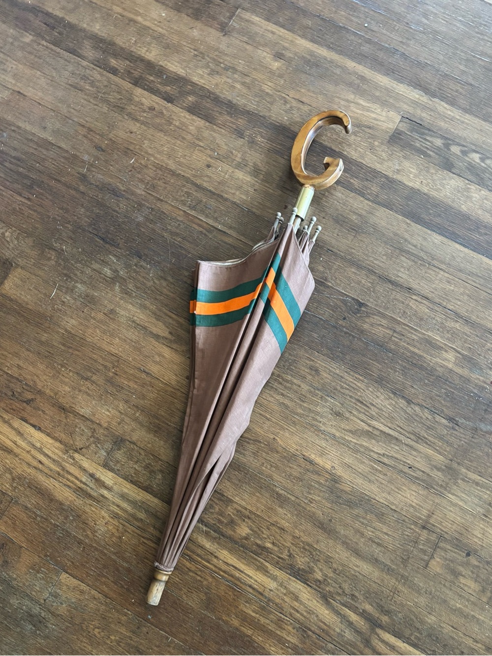 Classic Brown Stripe Women’s Umbrella with Wooden Hook Handle